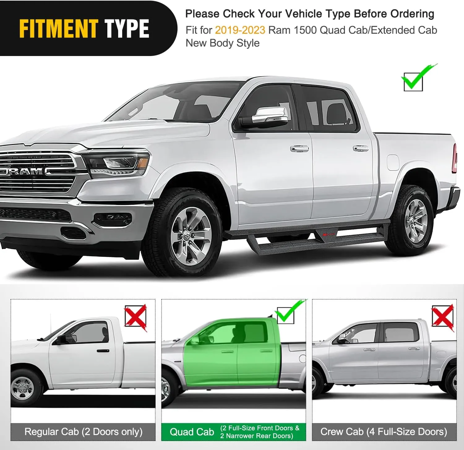2019-2023 Dodge Ram 1500 Quad Cab/Extended Cab Running Boards Dual-Stage Textured Black Powder Coated Slip-Proof Side Step Nerf Bars