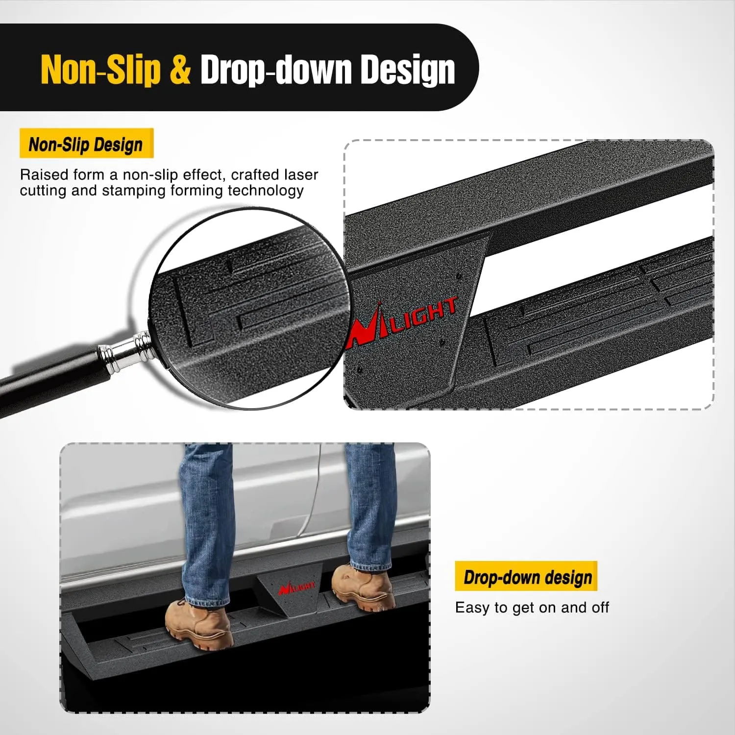 2019-2023 Dodge Ram 1500 Quad Cab/Extended Cab Running Boards Dual-Stage Textured Black Powder Coated Slip-Proof Side Step Nerf Bars