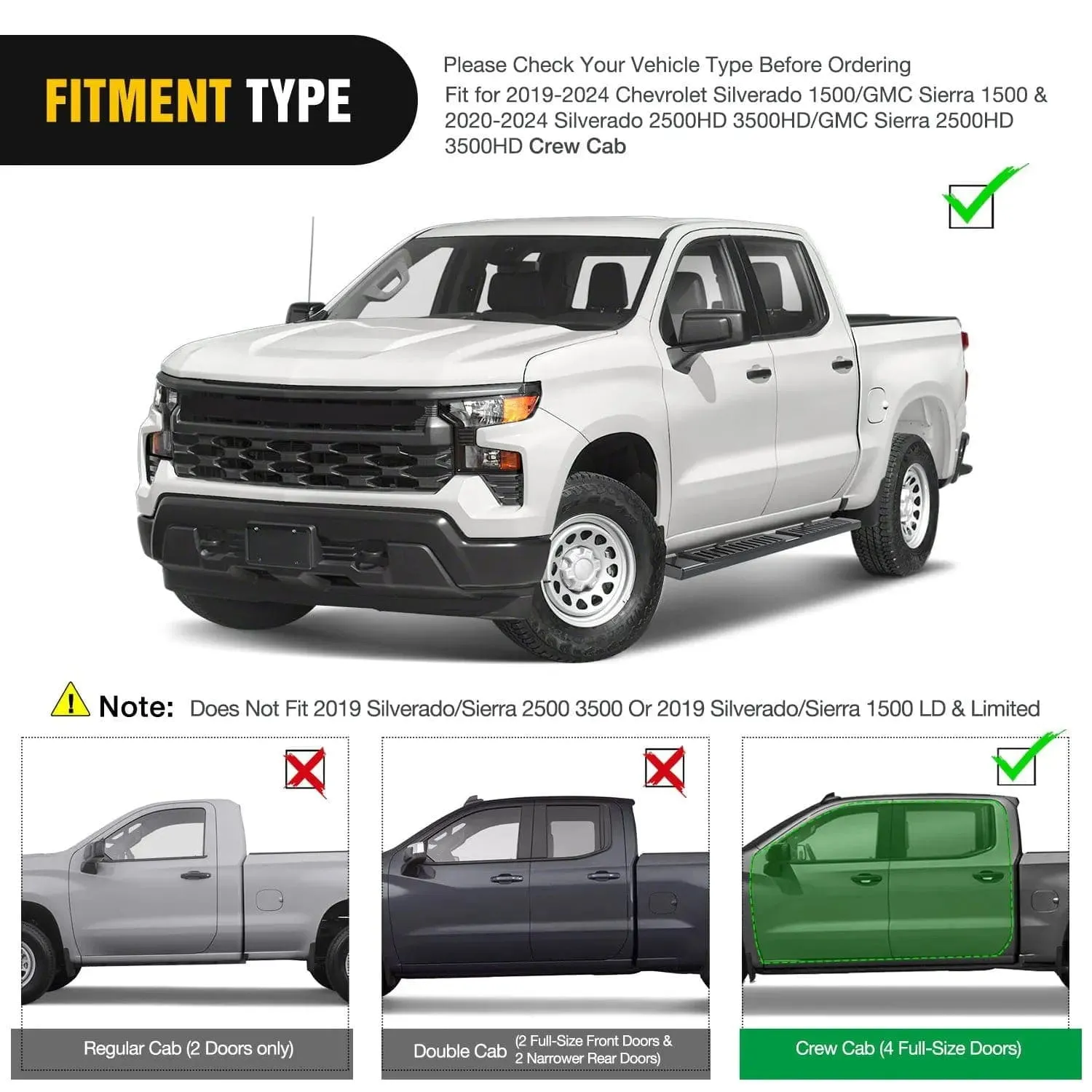 2019-2024 Chevy Silverado/GMC Sierra 1500 Crew Cab 2020-2024 Silverado/GMC Sierra 2500HD 3500HD Running Boards 6 Inch Aluminum Bolt-on Side Step Nerf Bars Running Boards