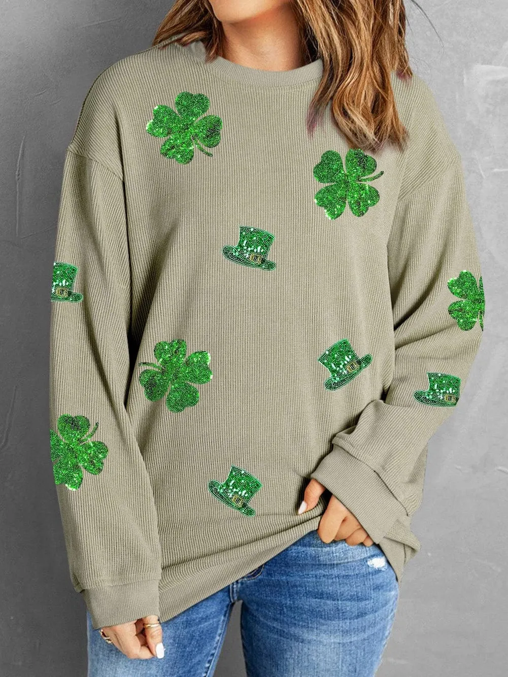 Beautiful Corduroy Sweatshirt with Sparkling Clover and Hat Embellishments
