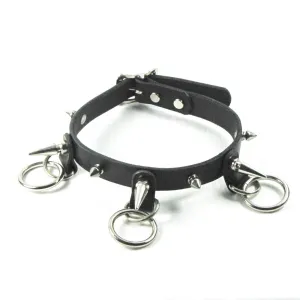 Black Leather Collar w/ Small and Large Silver Spikes w/ Silver O Ring Details