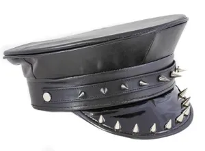 Black Matte/Patent Vegan Leather Police Hat with Silver Spikes