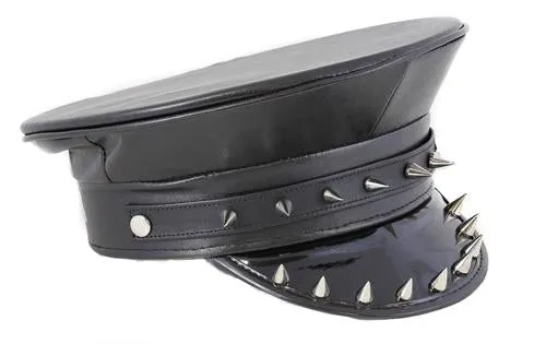 Black Matte/Patent Vegan Leather Police Hat with Silver Spikes