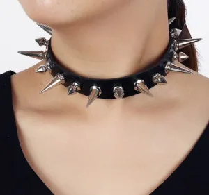 Black Vegan Leather Collar w/ 1 Row of Silver Tree Spikes and Long Spikes
