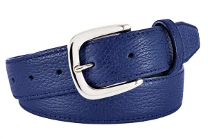 Cobalt Blue Pebbled Leather Belt, Hudson Buckle (Shiny Silver)