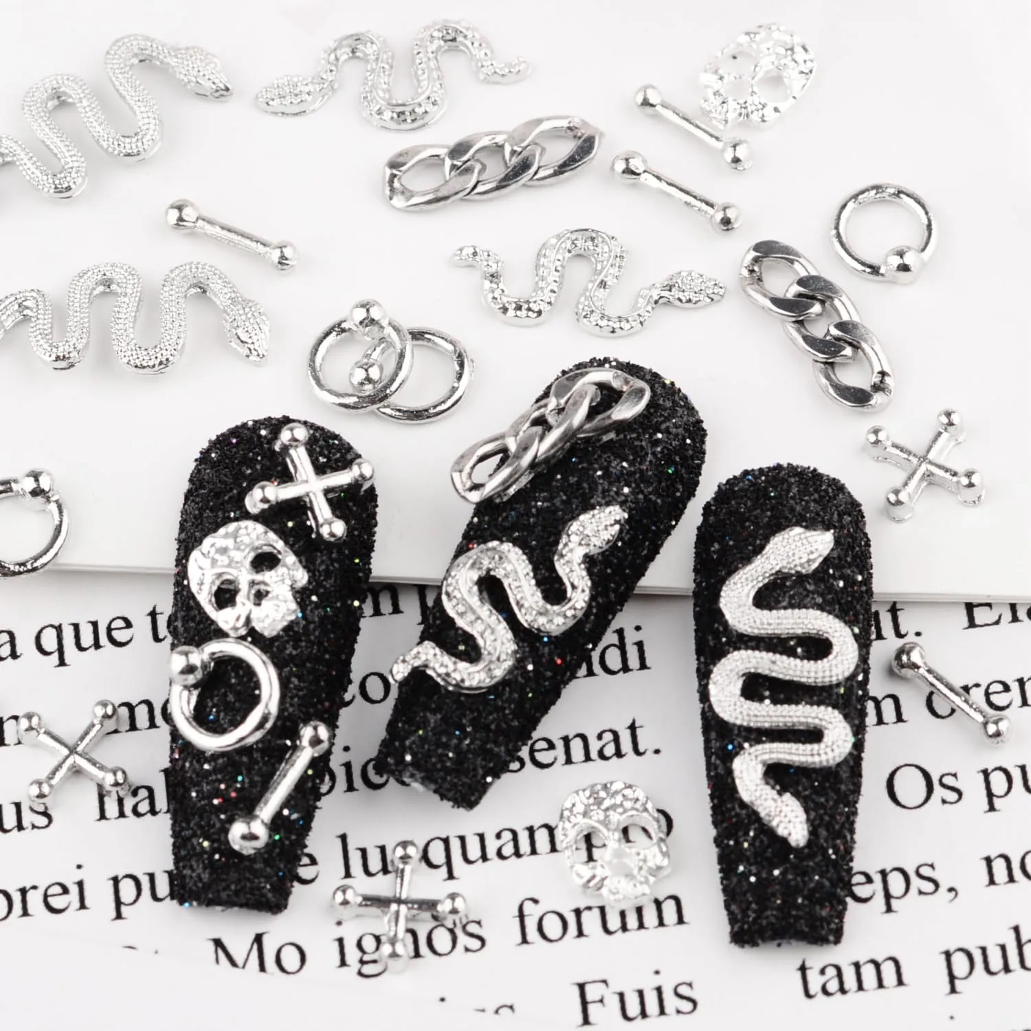 editTime 3D Metal Punk Nail Charms Jewels Kit, 300pcs Alloy Chrome Cone Rivet Spike Snake Skull Studs with 9pcs Big Glass Pointed Bottom Rhinestones and 200pcs Flatback Resin Rhinestones (silver)