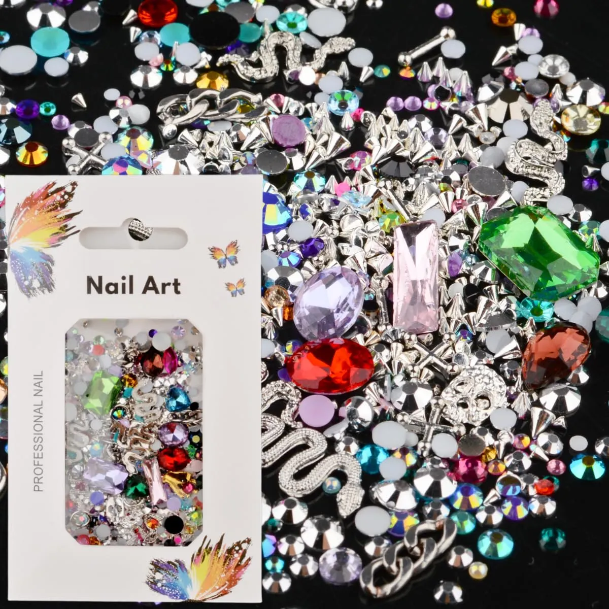 editTime 3D Metal Punk Nail Charms Jewels Kit, 300pcs Alloy Chrome Cone Rivet Spike Snake Skull Studs with 9pcs Big Glass Pointed Bottom Rhinestones and 200pcs Flatback Resin Rhinestones (silver)