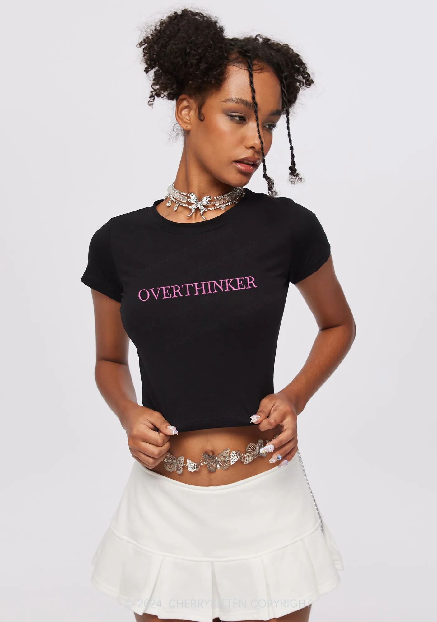 Embroidered Overthinker Y2K Baby Tee Cherrykitten