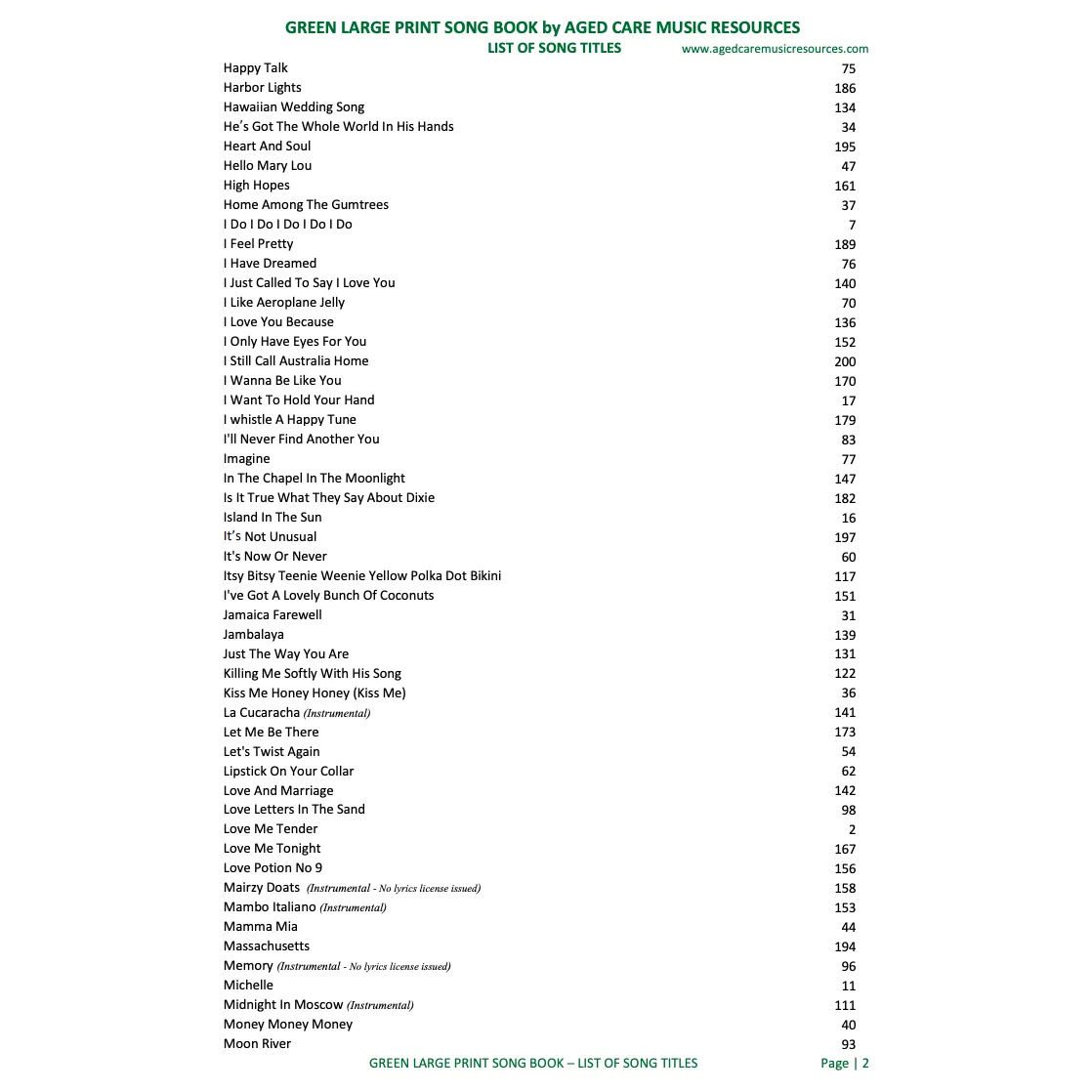 Green Large Print Song Book