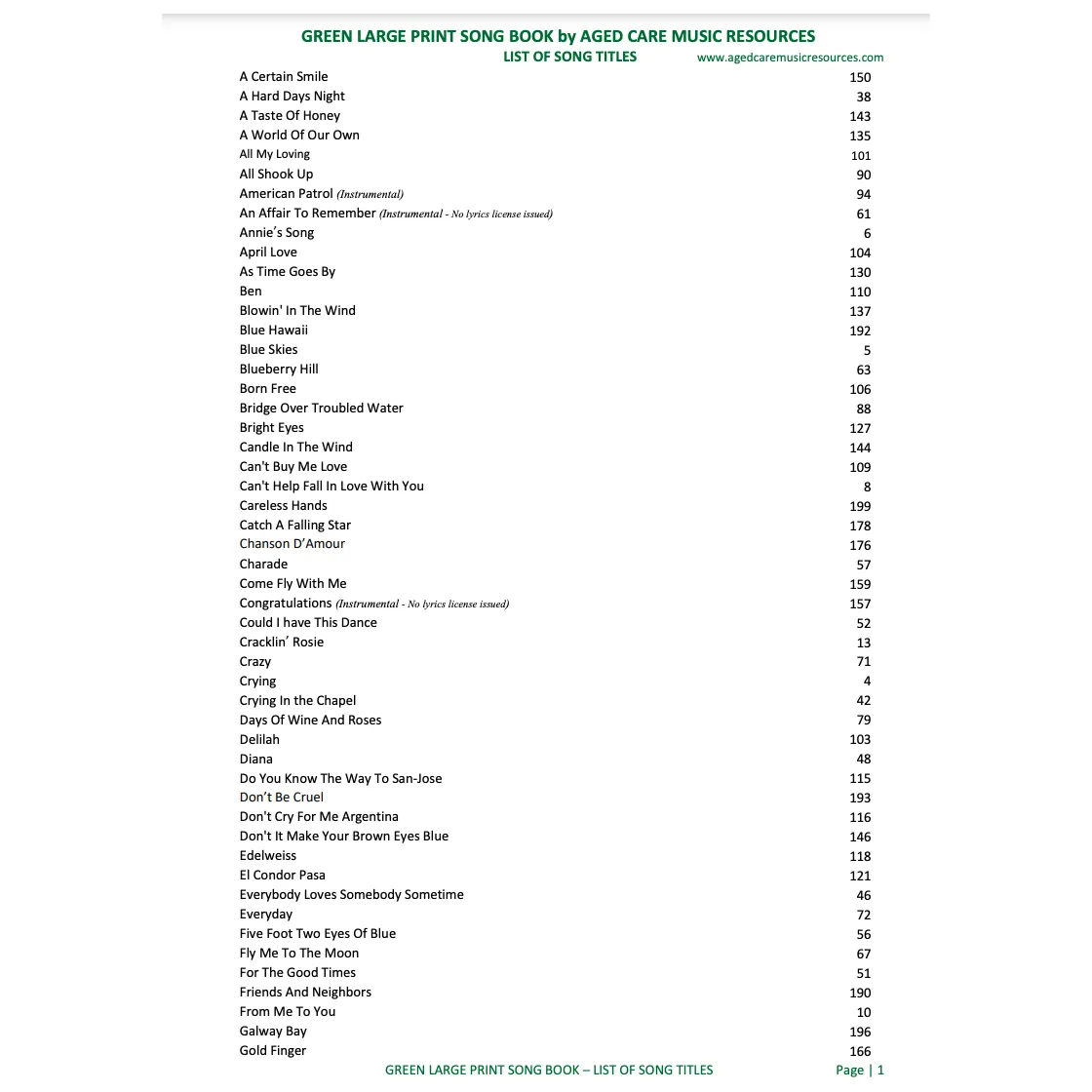 Green Large Print Song Book