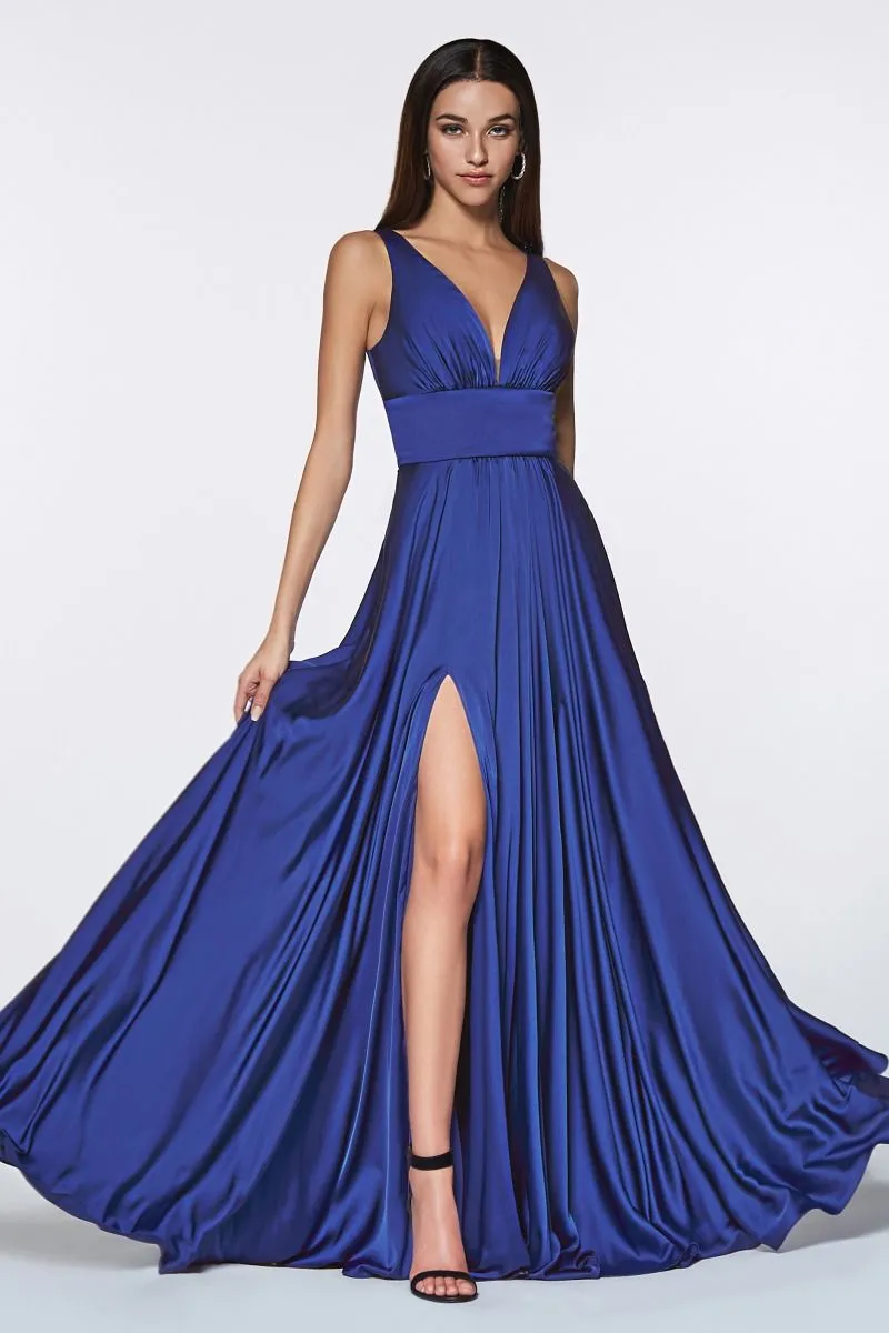 Ladivine 7469 Long Bridesmaids Dress Simple Slit Satin Formal Dress V Neck A Line Evening Gown