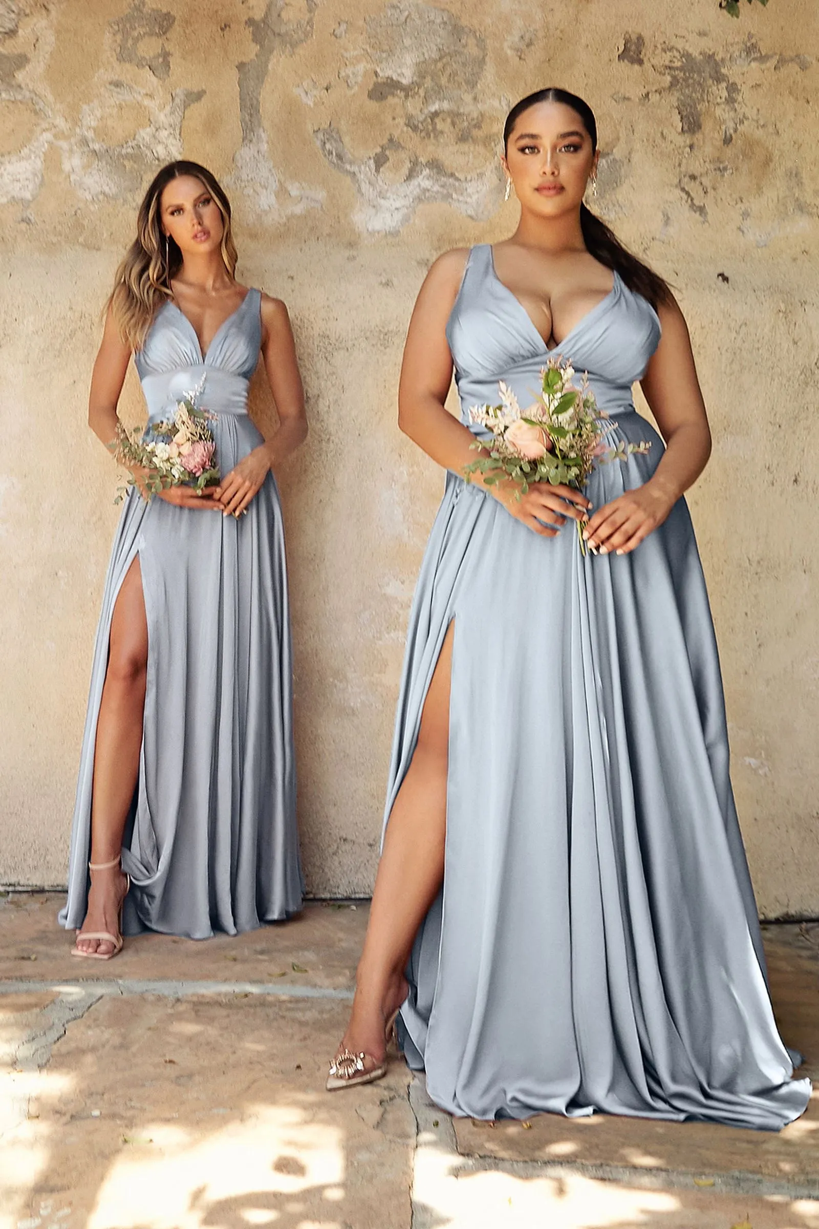Ladivine 7469 Long Bridesmaids Dress Simple Slit Satin Formal Dress V Neck A Line Evening Gown