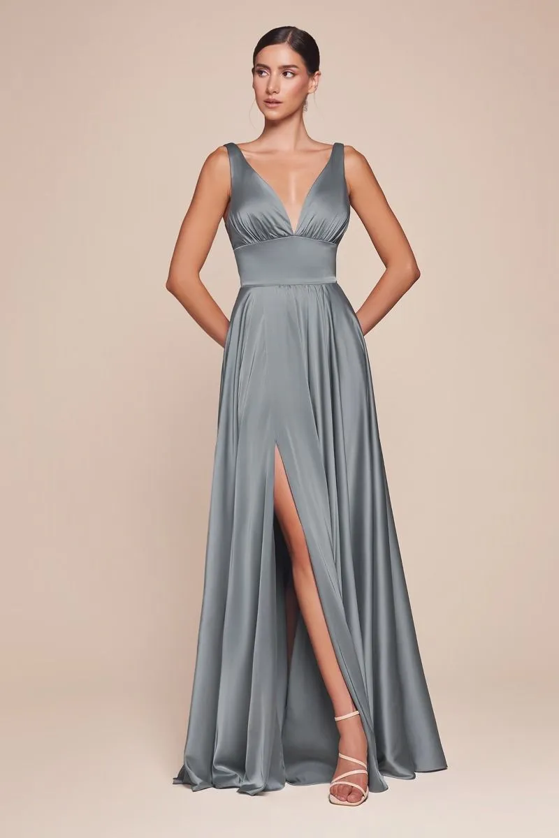 Ladivine 7469 Long Bridesmaids Dress Simple Slit Satin Formal Dress V Neck A Line Evening Gown