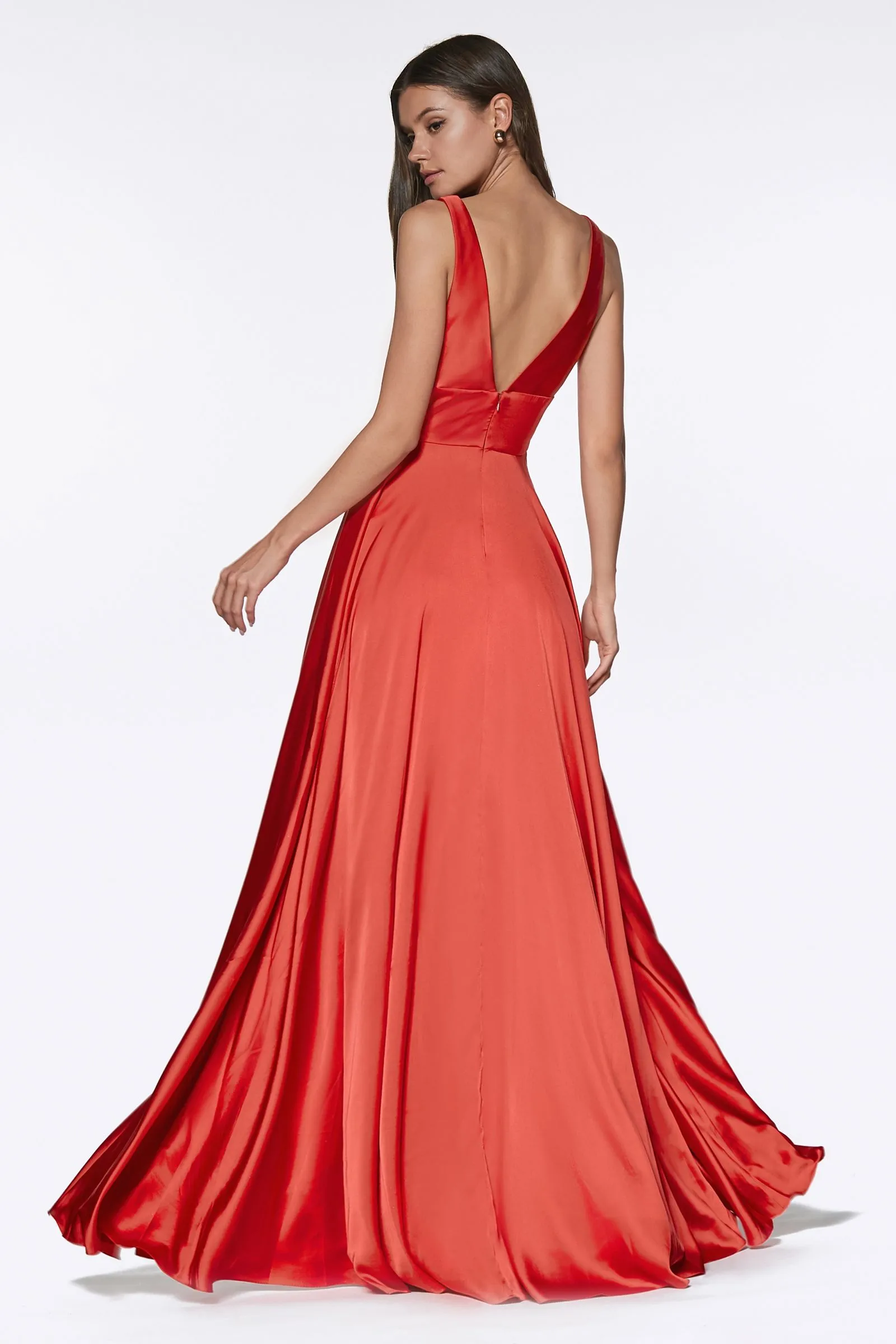 Ladivine 7469 Long Bridesmaids Dress Simple Slit Satin Formal Dress V Neck A Line Evening Gown