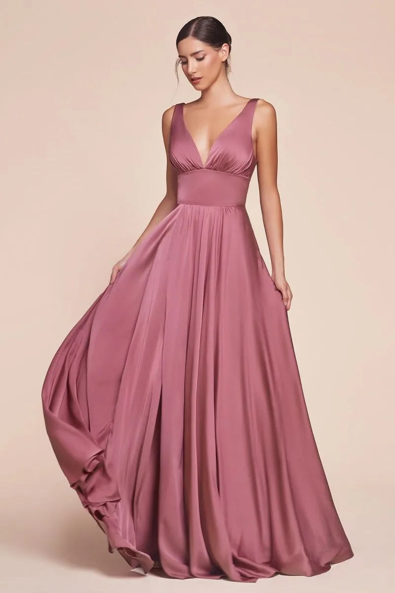 Ladivine 7469 Long Bridesmaids Dress Simple Slit Satin Formal Dress V Neck A Line Evening Gown