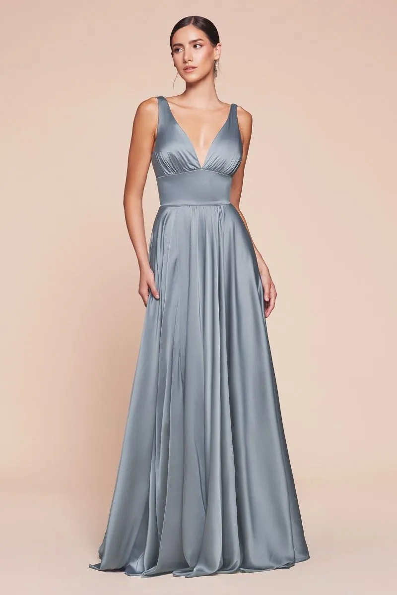 Ladivine 7469 Long Bridesmaids Dress Simple Slit Satin Formal Dress V Neck A Line Evening Gown
