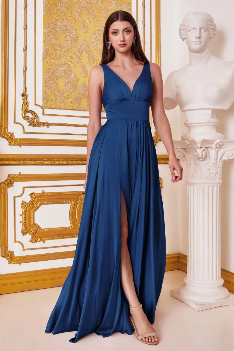 Ladivine 7469 Long Bridesmaids Dress Simple Slit Satin Formal Dress V Neck A Line Evening Gown