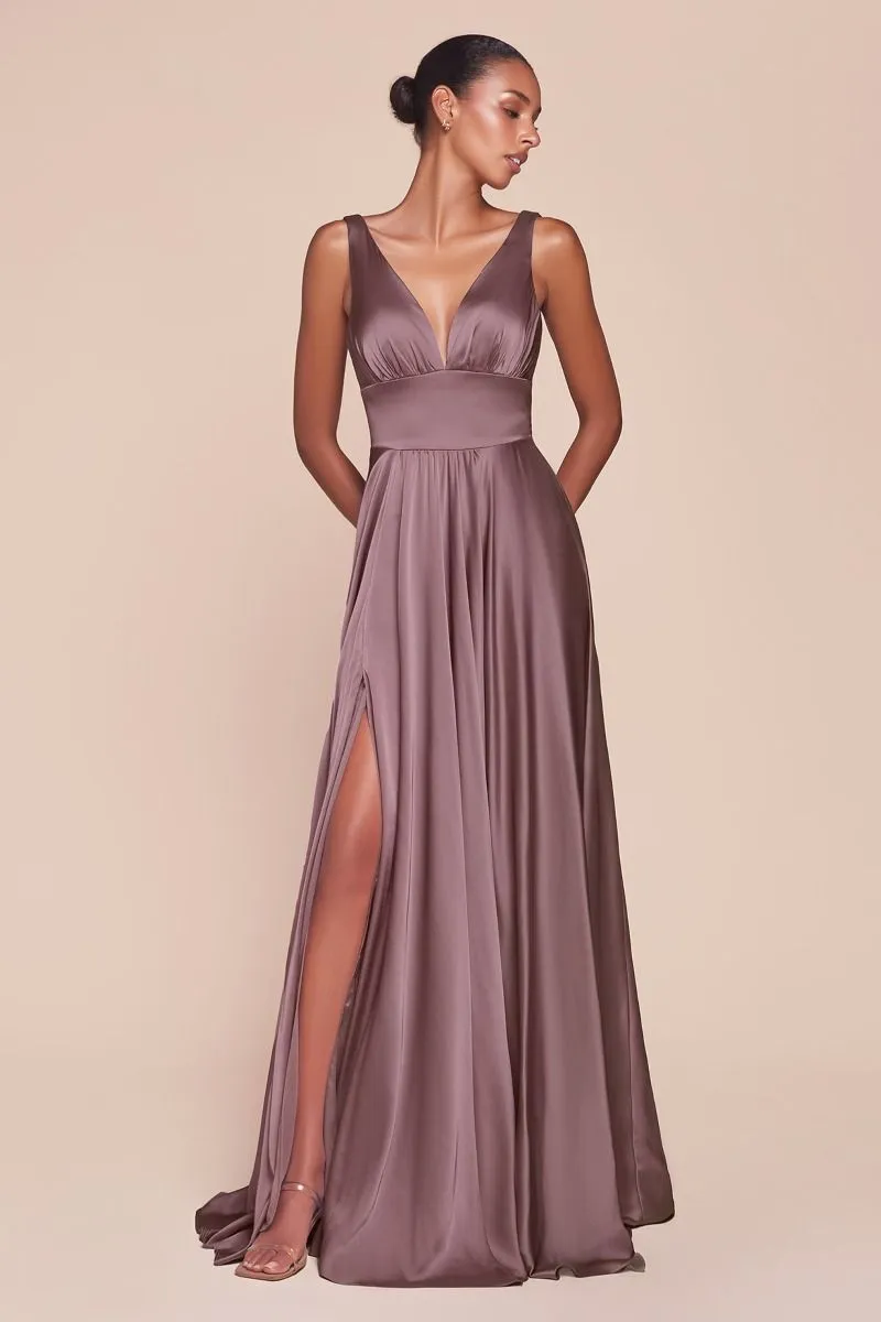 Ladivine 7469 Long Bridesmaids Dress Simple Slit Satin Formal Dress V Neck A Line Evening Gown