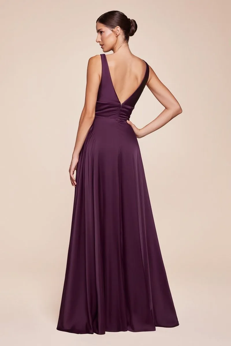Ladivine 7469 Long Bridesmaids Dress Simple Slit Satin Formal Dress V Neck A Line Evening Gown