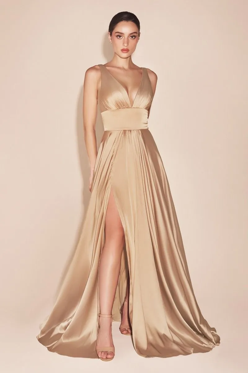 Ladivine 7469 Long Bridesmaids Dress Simple Slit Satin Formal Dress V Neck A Line Evening Gown