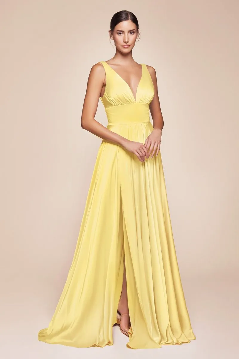Ladivine 7469 Long Bridesmaids Dress Simple Slit Satin Formal Dress V Neck A Line Evening Gown