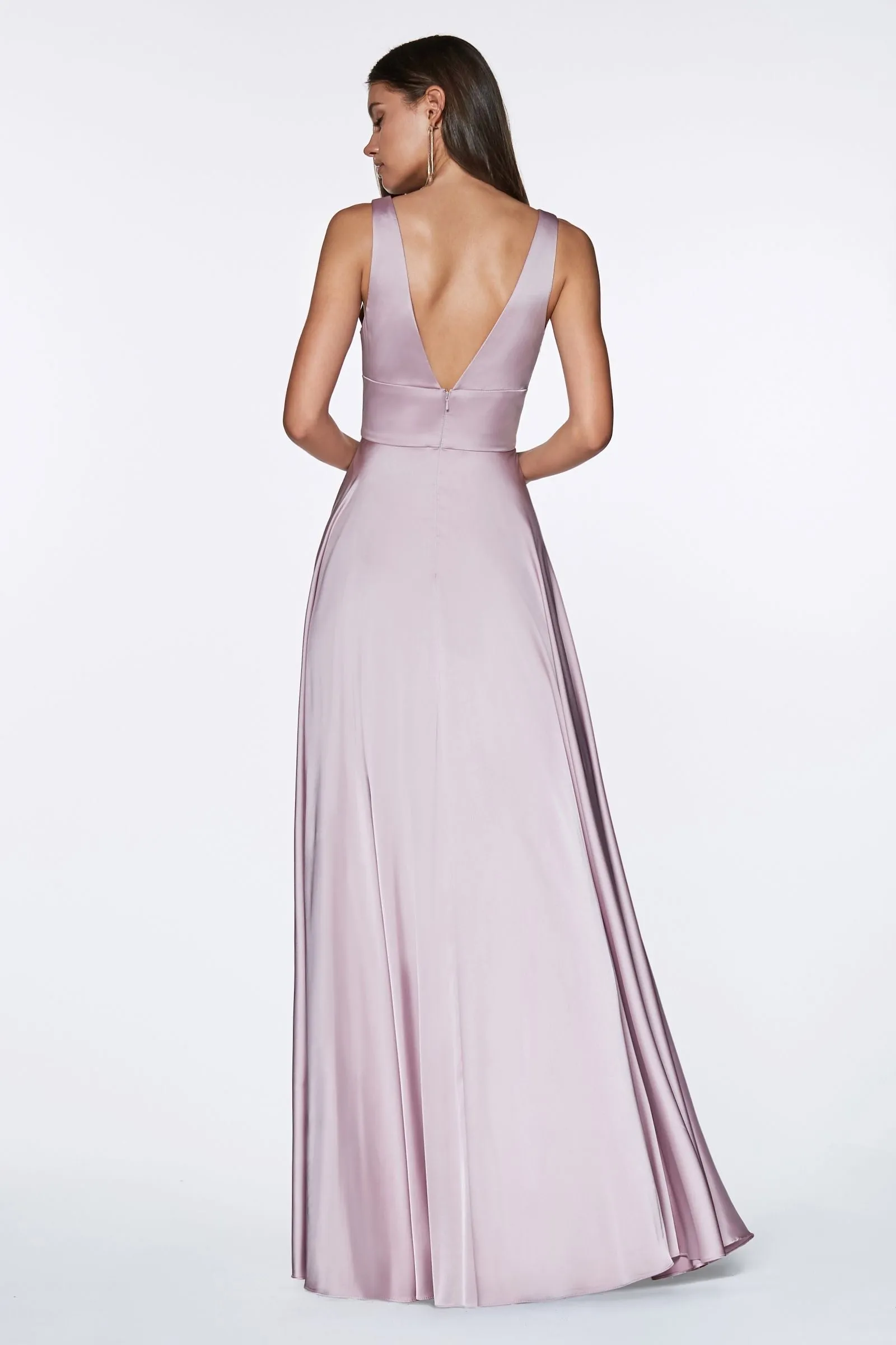 Ladivine 7469 Long Bridesmaids Dress Simple Slit Satin Formal Dress V Neck A Line Evening Gown