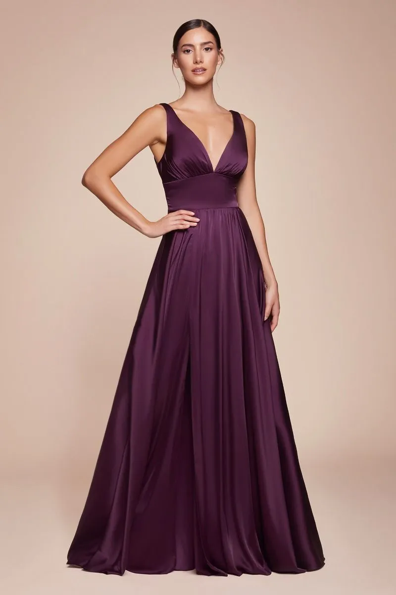 Ladivine 7469 Long Bridesmaids Dress Simple Slit Satin Formal Dress V Neck A Line Evening Gown