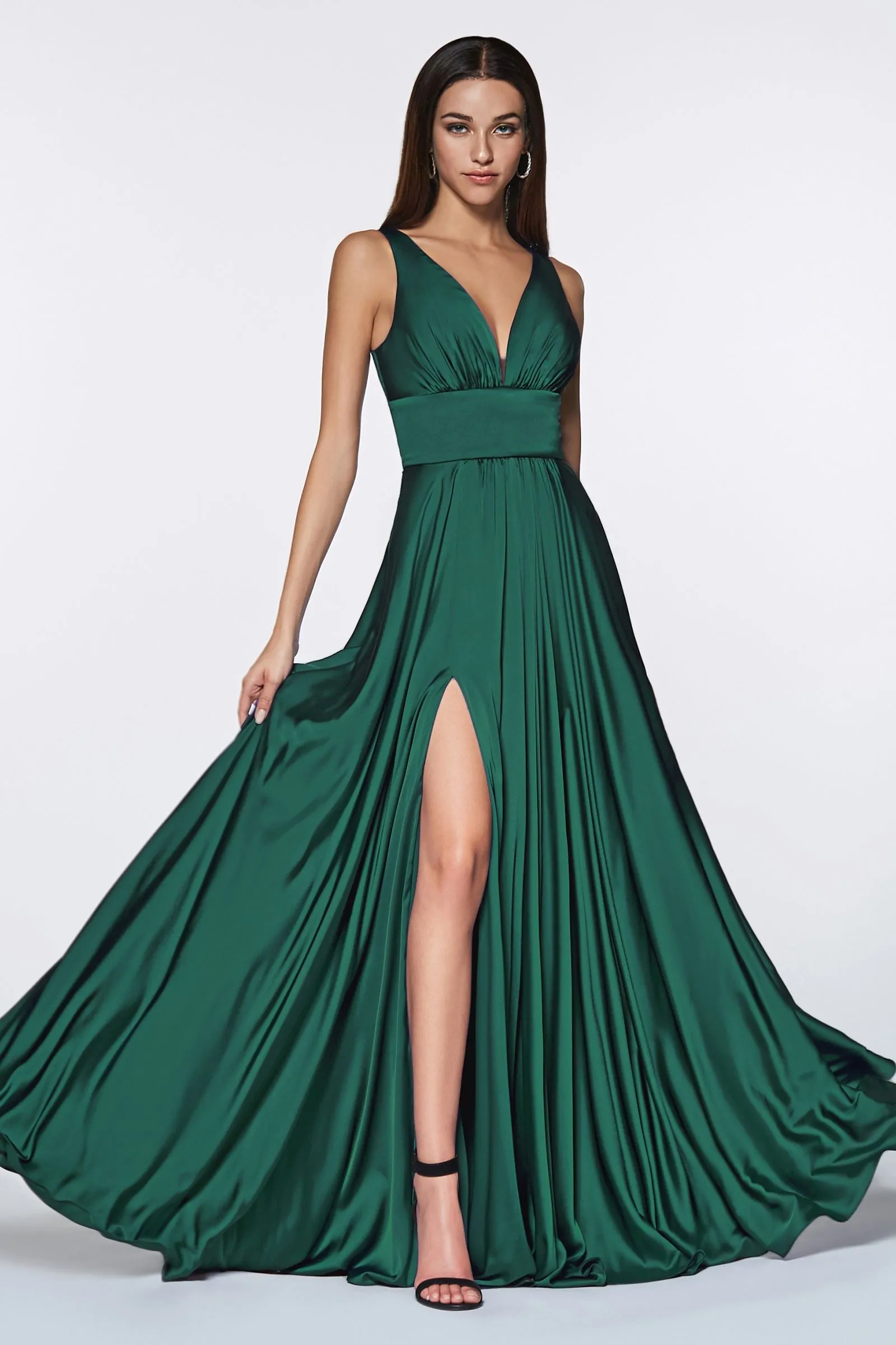 Ladivine 7469 Long Bridesmaids Dress Simple Slit Satin Formal Dress V Neck A Line Evening Gown