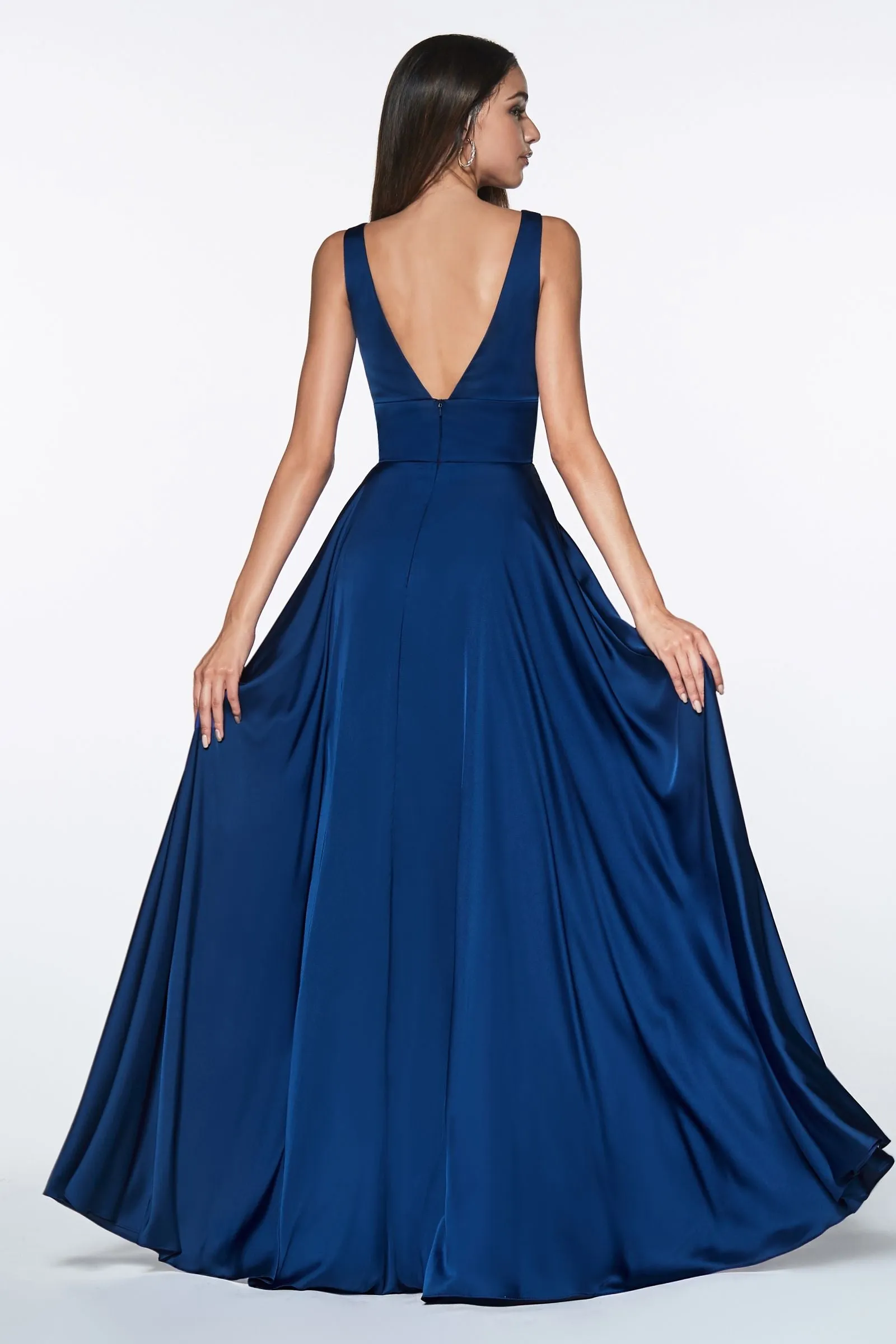 Ladivine 7469 Long Bridesmaids Dress Simple Slit Satin Formal Dress V Neck A Line Evening Gown
