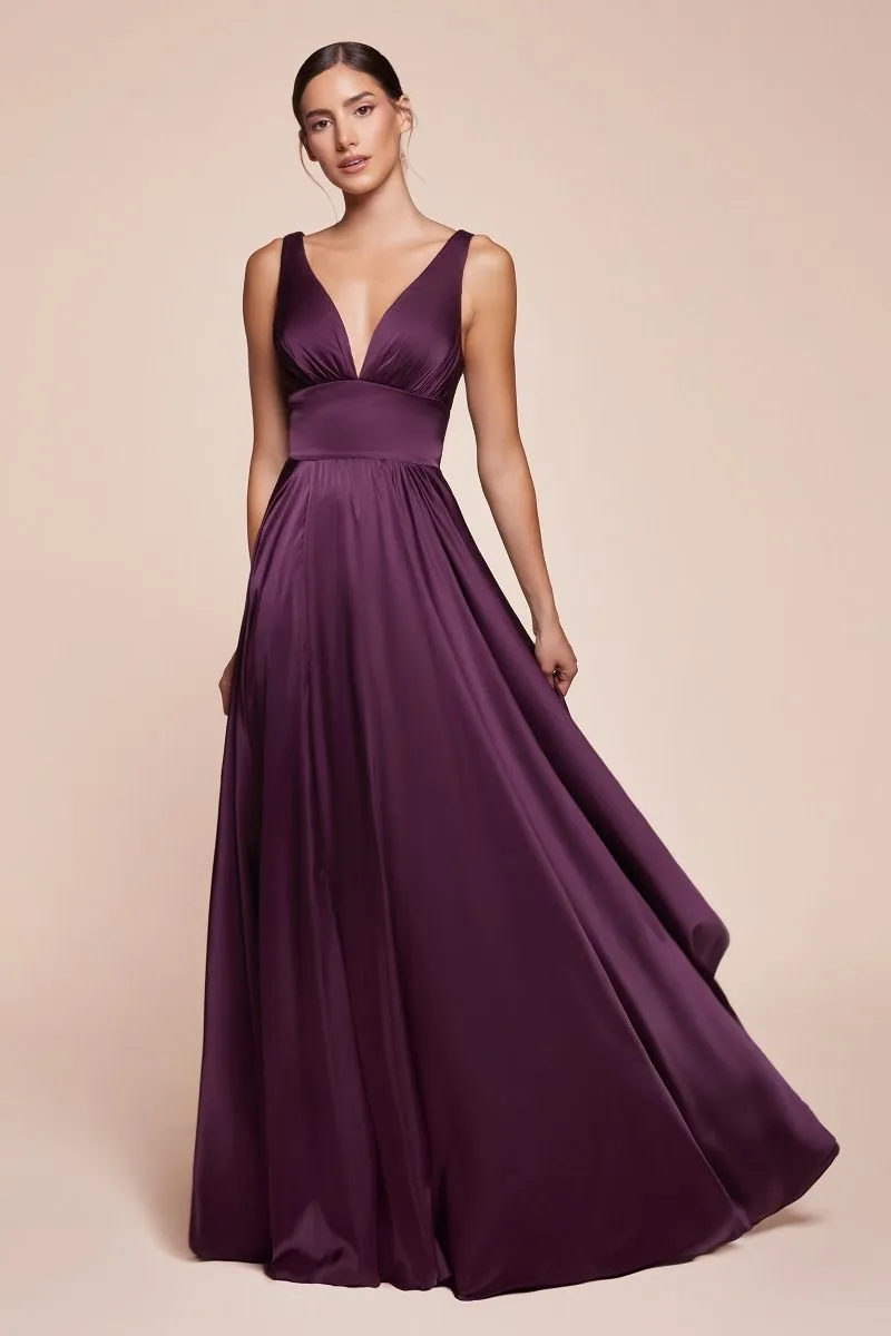 Ladivine 7469 Long Bridesmaids Dress Simple Slit Satin Formal Dress V Neck A Line Evening Gown