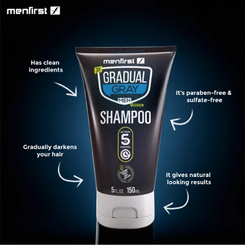 Menfirst Gradual Gray - Good bye Gray Hair- 3-in-1 Shampoo   Darkening Pomade &  Scalp Brush - 3 Pack Bundle