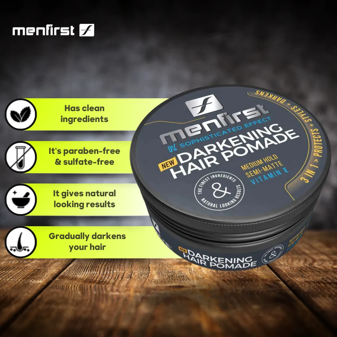 Menfirst Gradual Gray - Good bye Gray Hair- 3-in-1 Shampoo   Darkening Pomade &  Scalp Brush - 3 Pack Bundle