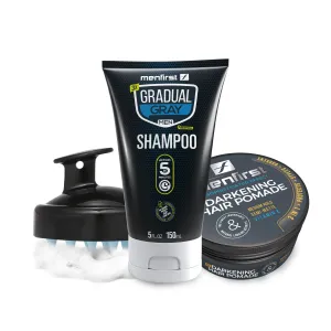 Menfirst Gradual Gray - Good bye Gray Hair- 3-in-1 Shampoo   Darkening Pomade &  Scalp Brush - 3 Pack Bundle