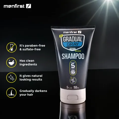 Menfirst Gradual Gray - Good bye Gray Hair- 3-in-1 Shampoo   Darkening Pomade &  Scalp Brush - 3 Pack Bundle
