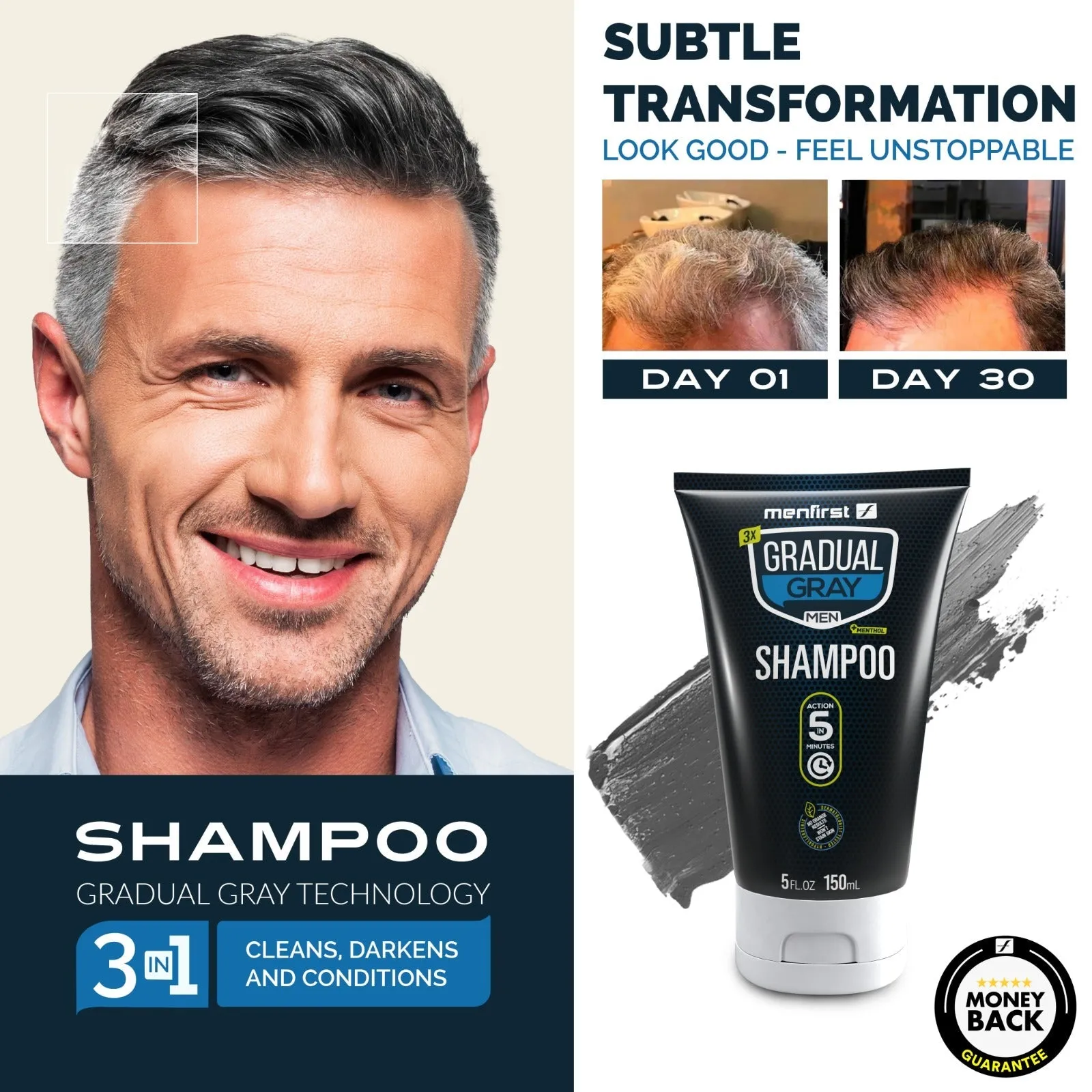 Menfirst Gradual Gray - Good bye Gray Hair- 3-in-1 Shampoo   Darkening Pomade &  Scalp Brush - 3 Pack Bundle