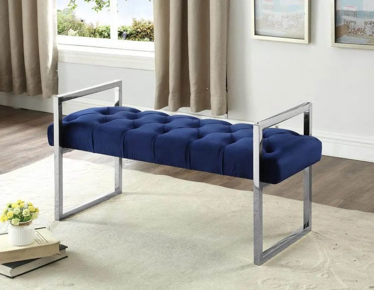 Navy Blue Velvet Fabric Bench with Stainless Legs