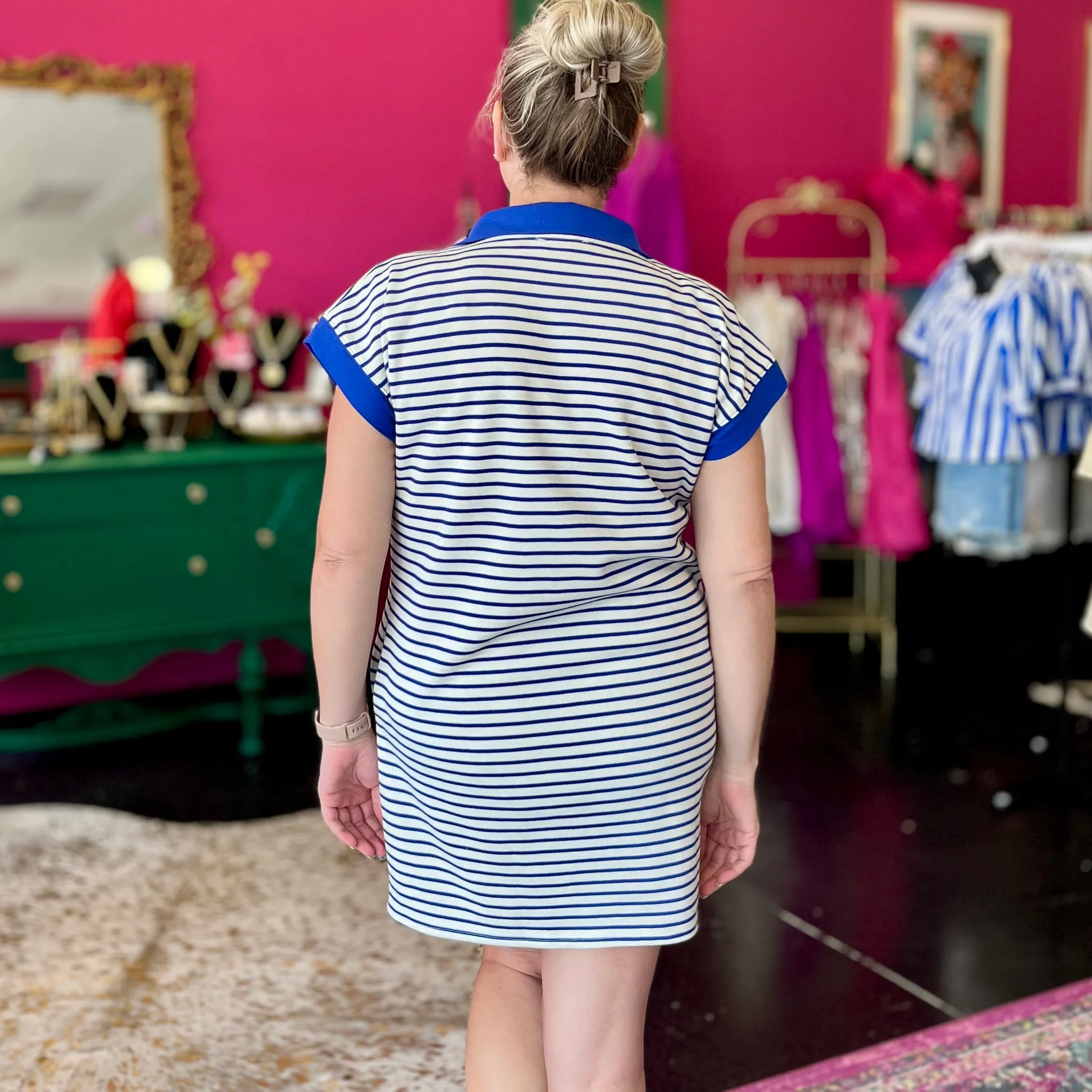 Royal Blue Striped Half Zip Dress