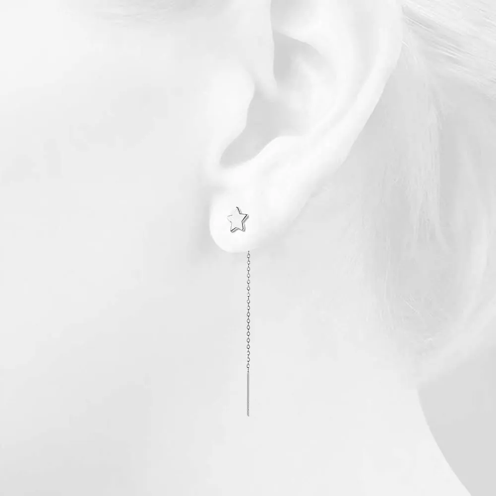 Solid 925 Sterling Silver Star Threader Earrings