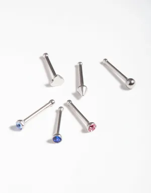 Surgical Steel Colourful Diamante Nose Jewellery 6-Pack