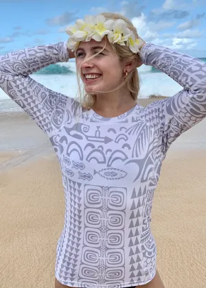 Women's Long Sleeve Rash Guard ~ Matamua Print ~ White/Grey
